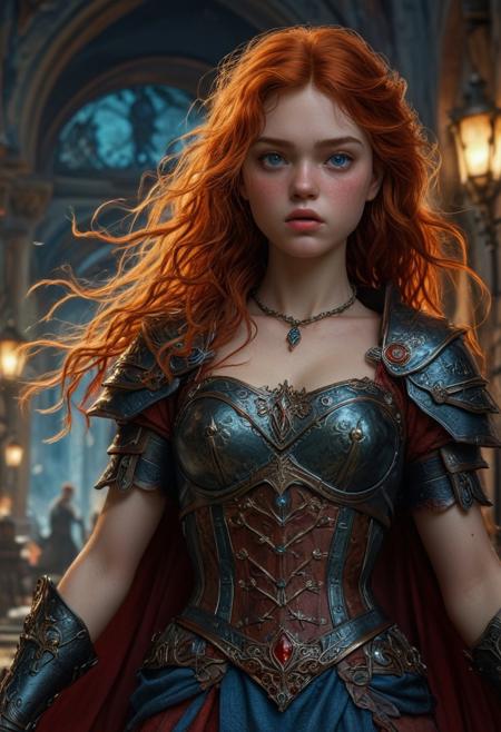 High resolution ultra-realistic of Beautiful Warrior girl, 8k, capturing the intensity of the moment, cinematic lighting, standing on a bloody and turbulent battlefield in a bloody battle, wavy red hair, realistic dirty pale face, realistic blue eyes, beautiful hourglass figure, burning in a fantasy Town, intricately designed cloth dirty black-red robes, fantasy Aesthetic, perfect athletic figure, beautiful Sadie Sink as Warrior Knightess, ultra realistic, cinematic style, vigorous and seductive, athletic figure, dark fantasy style, dramatic lighting, wet and sweaty skin, dirty skin, athletic figure, dark fantasy, dramatic lighting, Greg Rutkowski style, Warrior Knightess on in armor, hyper-detailed, hyper-realistic,  natural light, extremely intricate details, masterpiece, epic, bright colours, Attractive 21 old years girl, Attractive, beautiful firm Breasts, sharp focus, digital painting, Photograph Taken on Nikon D750, Alphonse Mucha, 8K, athletic figure, Hyperdetailed, hyperrealism, Attractive, Attractive bust girl, asymmetric balance