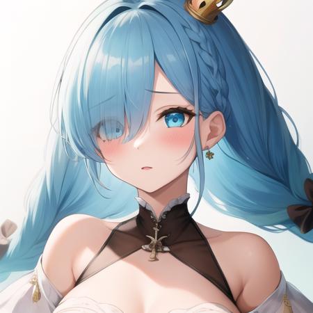 (masterpiece, best quality:1.2),illustration,8k,hd,1girl,solo,upper body,(portrait:1.2),janus (azur lane),blue eyes,blue flower,blue hair,blue rose,blush,braid,frilled dress,frills,hair ornament,hair over one eye,hair ribbon,light blue hair,long hair,medium breasts,mini crown,red ribbon,twin braids,white dress,white legwear,white ribbon,<lora:Janus(azur)>,