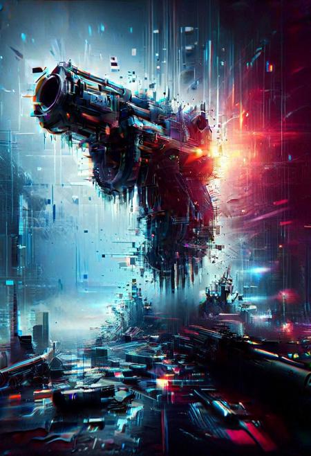 A surreal Delirium style digital artwork in a hyper-realistic cinematic. still, artistic. (elaborate fine details:1.1), (hyper-detailed:1.1), (intricate details:1.0), (Refined details:1.1), (best quality:1.1), (high resolution:1.2), (saturated colors:1.4), qu4ntum, Gun,
geometric gradients, deep rich silver black and blue colors, foggy atmosphere,DeepNegative_xl_v1
perfection style,
perfection,
perfect,
glitch,
flickering,
digital,
glitch style,
Once Human,
qu4ntum,