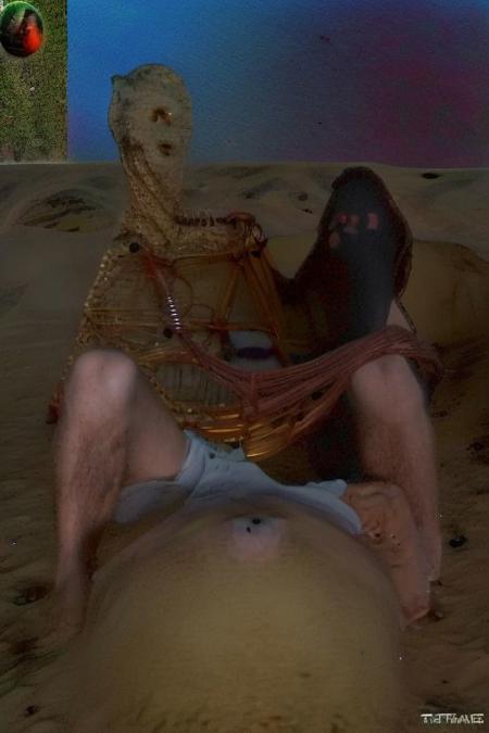Weirdcore upper body and face of <ffurian> male face on god on sand,  (face portrait 1.6) yearning man, 90VHS, (ffurian man with beard 1.1) (y2k aesthetic 0.8), ms paint style <lora:ms-paint-lora:1> (rainy weather 1.2), <lora:y2kaesthetic:0.7>, half0ster, organic sculptures, Encasement Pantyhose mask