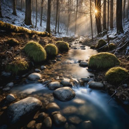 National geographic photo, A small stream with crystal clear water, in a deep forrest, winter time, everything sharp in focus, (early morning:1.5),masterpiece , highly detailed, film grain, shot on Fujifilm XT-3