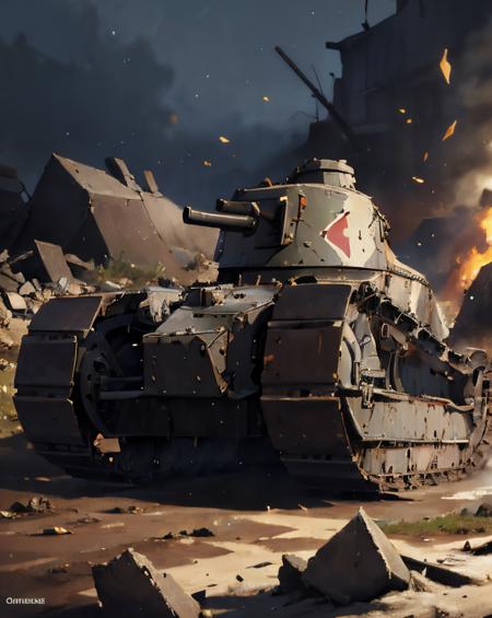 artwork of a rft17 tank with military insignia advancing in muddy terrain, French flag, fire, ruins, zoomed out, front view, epic, cinematic, Sandbags, Sleet, Explosions, Shadowy,Distorted,Sinister, Isolation,Grief,Shell shock, Fractured landscapes, Grisaille, Symmetry, Tetradic, in the style of Dorothea Tanning,George Grosz, ultra detailed, intricate, surrealism, oil on canvas, dry brush, <lora:rft17_v1:1>