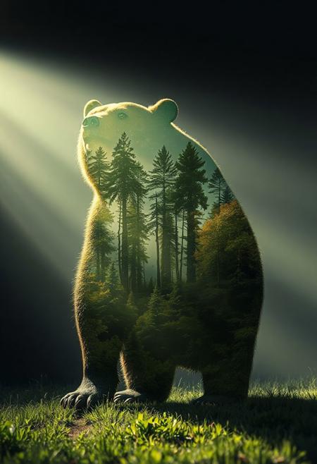 A double exposure image featuring a glowing silhouette of a standing growling bear with ethereal illumination. The scene blends a lush green forest within the bear, creating a stunning, otherworldly energy. Natural dramatic lighting, 3D render, conceptual art.