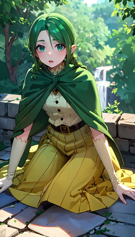 green pigtails green eyes green cape yellow skirt