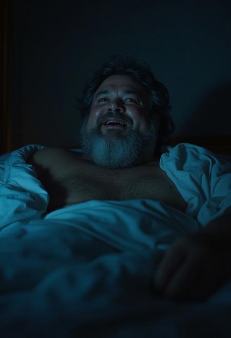 closeup seen from below, Lowlight nighttime mobile camera portrait, Romantic arthouse film showing an intimate scene at night, Alone solo, Lustful pervert gay Sexual tension, vintage erotica photography, old hairy obese tanned grandpa daddybear, looking at viewer with seductive lustful expression, leaning over viewer in bed, dark hallway,looking directly at  viewer with a seductive perverted smile, moaning softly,  massive muscular steroid biceps, in a dark bedroom at night, lowlight grain, dark blue atmosphere, the man is in the shadows and very dark, blue TV light