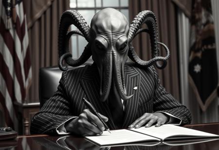 president cthulu in a sharp pin striped suit posing for presidential portrait in the oval office, real photograph, signing bill, ominous evil, empty eyes, lovecraftian