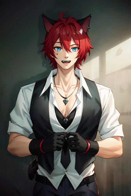 Heartsteel Style, Heartsteel Style, solo, looking at viewer, smile, short hair, open mouth, blue eyes, shirt, gloves, 1boy, animal ears, jewelry, white shirt, upper body, male focus, red hair, necktie, black gloves, collared shirt, cat ears, necklace, vest, fangs, facial mark, pectorals, black vest, miqo'te, pectoral cleavage, cat boy, scar, graffiti, Earth-QualityPos, Best_QualityPos, <lora:Heartsteel_Style-10:0.8>