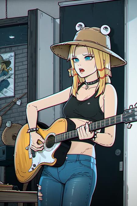 ls, chromatic aberration, (moriya suwako:1.25), detailed face and eyes, cowboy shot, choker, makeup, bob cut, (playing on guitar, guitar solo:1.2), tattoo, spiked bracelet, torn denim jeans, string panties, crop top, jacket, day, doorway, electric fan, lantern, sliding doors, wind chime, warm lighting, medieval fantasy, intricately detailed background