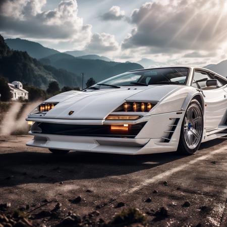 Cinematic photograph of a  white 1980s Lamborghini <lora:JourneyLoRA:1>, (good composition), (in frame), centered, 8k, 4k, detailed, attractive, beautiful, impressive, photorealistic, realistic, cinematic composition, volumetric lighting, high-resolution, vivid, detailed, stunning, professional, lifelike, crisp, flawless, DSLR, 4k, 8k, 16k, 1024, 2048, 4096, detailed, sharp, best quality, high quality, highres, absurdres