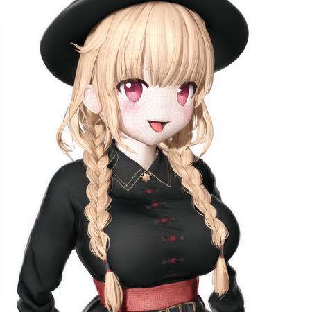 <lora:animewireframe:1>, animewireframe, 3d character, computer,
1girl, \\(^o^\)/, arms up, black shirt, blush, braid, breasts, china dress, chinese clothes, collared shirt, dress, happy, hat, large breasts, long hair, muscle, muscular female, open mouth, scar, shirt, shoes, sleeves rolled up, smile, solo, star, tongue, twin braids, white background, white shirt