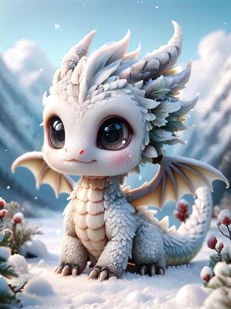 A cute little dragon in a snowy mountain setting with a blue background.