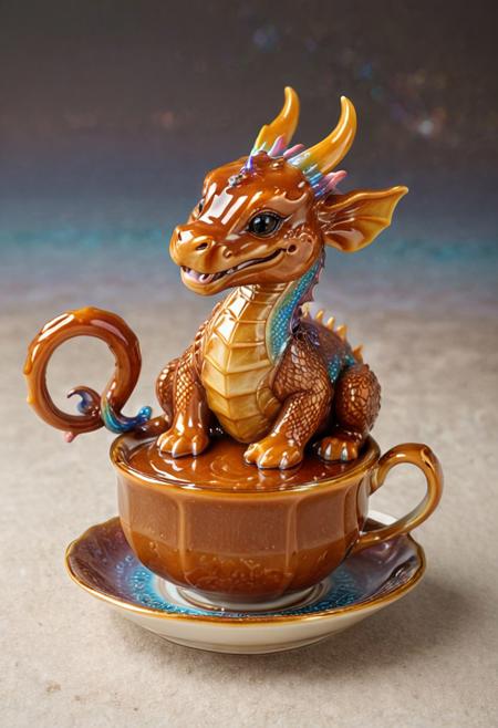 best quality, masterpiece, high resolution, intricate detailed,
brown cute dragon made of caramel, caramel sauce,
A beautifully crafted colorful ceramic and porcelain figurine of a tea cup, 
iridescent, translucent sculpture, surreal,
cozy background, celestial,