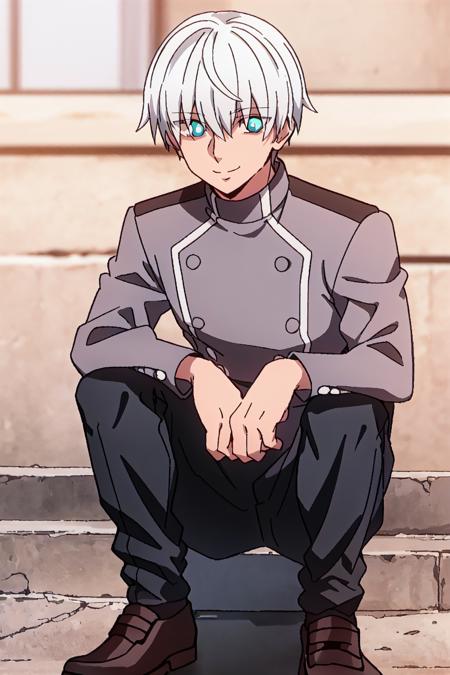 ragna, 1boy, solo, blue eyes, white hair, short hair, smile, blue eyes, bangs, eyes visible through hair, grey jacket, jacket, buttons, black pants, shoes
high quality, best quality, ultra detailed, masterpiece, big breast, detailed hands, <lora:EMS-52523-EMS:0.700000>