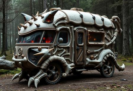 concept, a medieval styled motorhome, powered by magic crystals, themed and shaped like a fat cat, made up of various animal parts, includes bones shells fangs claws in its construction,