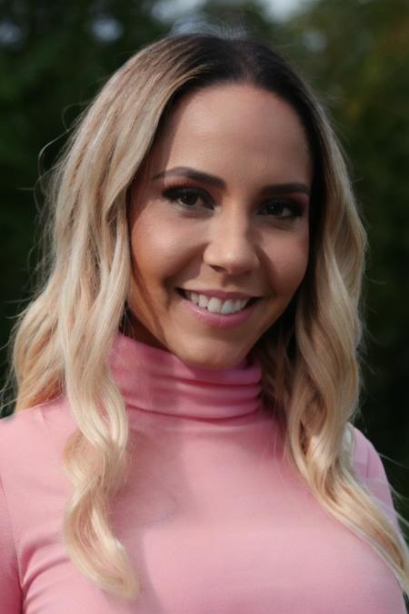 Photo of r3n4t4fr1ss0n woman, detailed face smiling, pink turtleneck blousemark, text