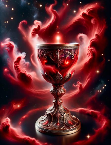 <lora:SDXLRagingNebula:1>ragingnebula,high quality dynamic shot of a spiced red velvet galaxy chalice, ornate, beautiful, overflowing with nebula dust, magical object sitting on a decorative space galaxy display case, photoshoot, high quality,