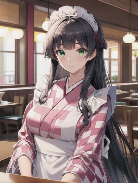 best quality, masterpiece, highres, detailed, perfect anatomy,  <lora:Detail - add_detail:0.2>, black hair, medium breasts, pink checkered kimono, restaurant, green eyes, long hair, blunt bangs, maid headdress, apron, frills, upper body, lora:Character - SatsukiV12:0.8>, WafuMaidCh,  <lyco:WafuMaid-10:0.8>