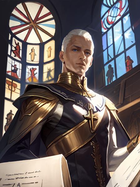 masterpiece,best quality,highres,cinematic lighting,dramatic angle,<lora:ShadowverseMjerrabaineV3-000045:0.8> ,1boy,mature male,muscular,white hair,bald,long robe,looking at viewer,long sleeves,wide sleeves,collar,blue eyes,portrait,gauntlets,wristband,gold-trimmed,facial mark,dark skin,ribbon,cape,cowboy shot,(church:1.2),holding book,standing,(depth of field:1.2),cross,(enrico pucci:1.2)