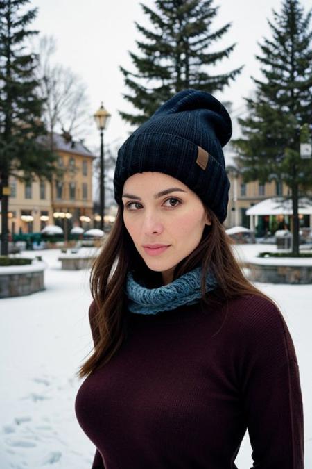(Busty:1.2) slovenian woman, huge breasts silhouette, in the style of instant film, captivating gaze, looking at the camera, round face, Fujifilm Superia X-TRA 400, color negative film, noise, grain, romantic soft focus and ethereal light, --ar 3:2, beanie, full lips, tight wool sweater, scarf, winter day, town square with pinetrees background