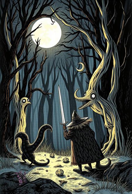 ’Twas brillig, and the slithy toves
Did gyre and gimble in the wabe:
All mimsy were the borogoves,
And the mome raths outgrabe.
“Beware the Jabberwock, my son!     
The jaws that bite, the claws that catch!
Beware the Jubjub bird, and shun
The frumious Bandersnatch!”
He took his vorpal sword in hand:
Long time the manxome foe he sought—     
So rested he by the Tumtum tree,
And stood awhile in thought.
And, as in uffish thought he stood,
The Jabberwock, with eyes of flame,
Came whiffling through the tulgey wood,     
And burbled as it came!
One, two! One, two! And through and through
The vorpal blade went snicker-snack!
He left it dead, and with its head
He went galumphing back.     
“And, hast thou slain the Jabberwock?
Come to my arms, my beamish boy!
O frabjous day! Callooh! Callay!”
He chortled in his joy.
’Twas brillig, and the slithy toves     
Did gyre and gimble in the wabe:
All mimsy were the borogoves,
And the mome raths outgrabe.