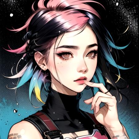 1girl, black_hair, looking_at_viewer, makeup, mole, multicolored_hair, pink_hair, portrait, solo, space, star_\(sky\), starry_sky, traditional_media by JM