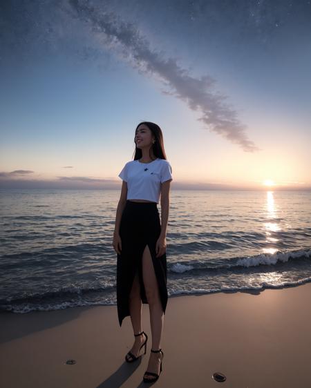 A girl in a black skirt was standing on the sea, the sky is full of stars