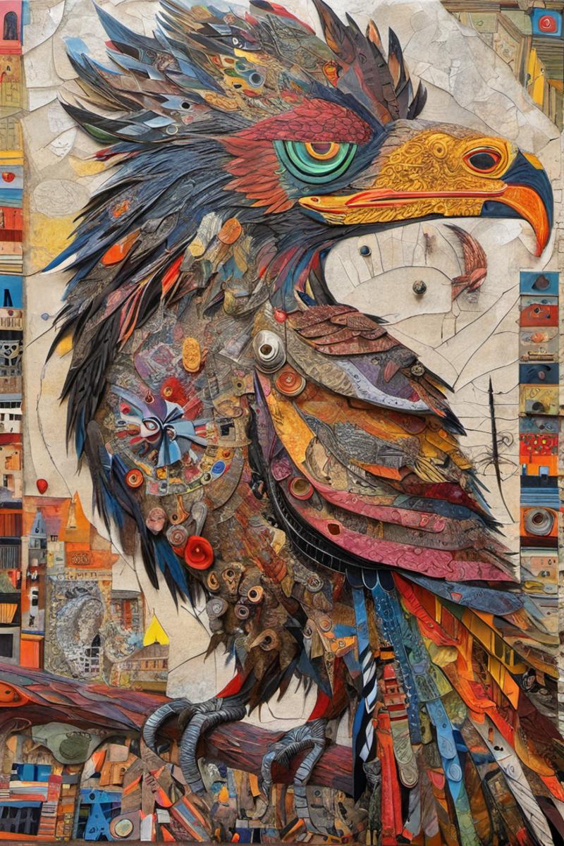Multi-colored eagle with feathers and beads as a collage-style art piece.