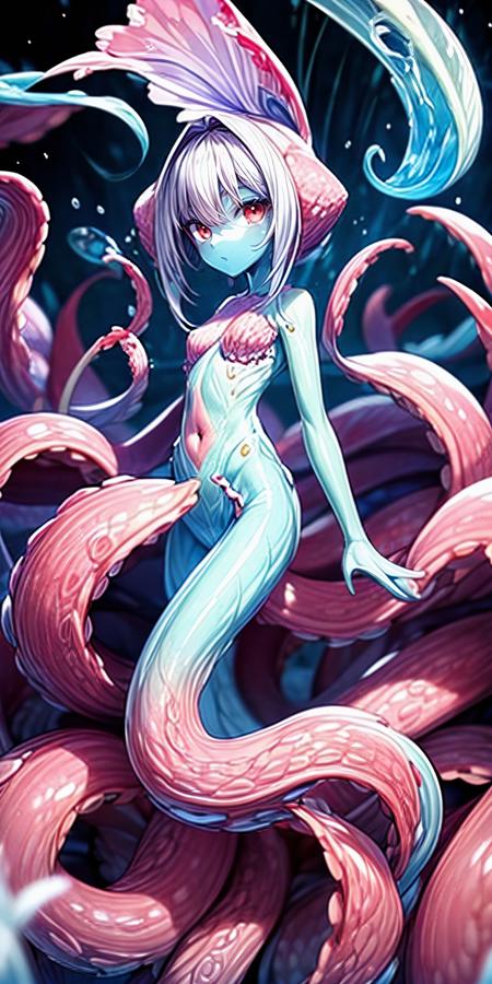 tentacles monster, monster girl,horror \(theme\), extra eyes, glowing,darkness