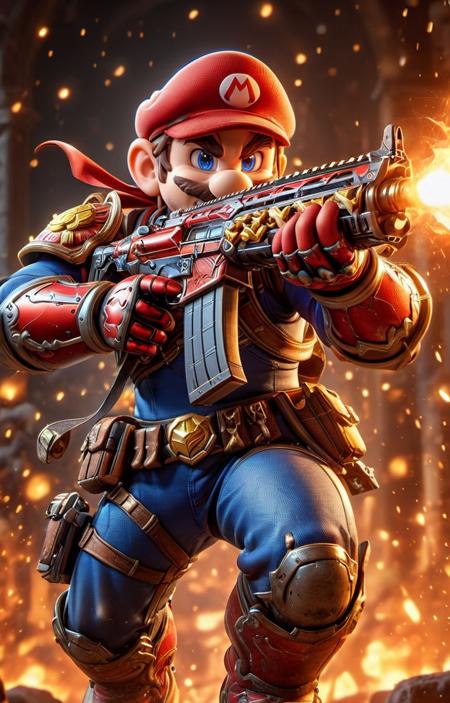 ((hyperrealistic)) cinematic photo of Mario from Super Mario Brothers with Assault Rifle, action scene in bowsers castle, lava balls, turtles, 
35mm photograph, film, bokeh, professional, 4k, highly detailed,  <lora:XL_Weapon_Assault_Rifle_-_By_HailoKnight:0.85><lora:EnvyActionShotXL01:0.65>,  <lora:add-detail-xl:0.6>