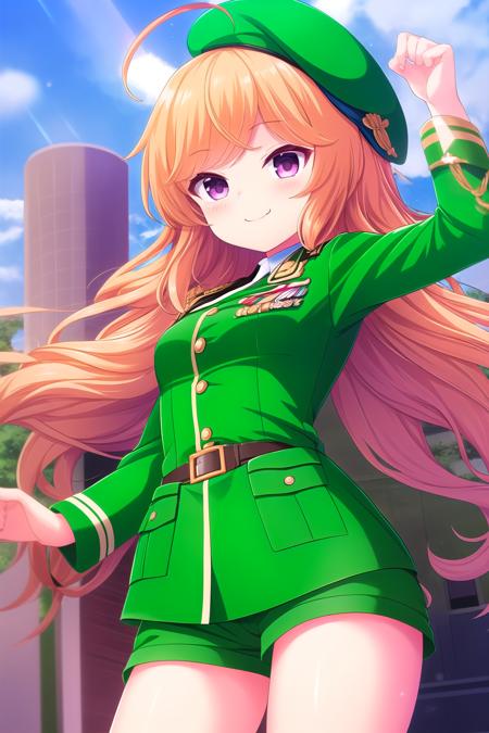 (masterpiece, best quality), highly detailed background, perfect lightingbest quality, suzukawarino, solo, outdoors, military, beret, green headwear, orange hair, ahoge, very long hair, purple eyes, green dress, green jacket, green shorts, military uniform, smile, closed mouth, >:3, pink lips, <lora:Suzukawa-Rino:0.7>