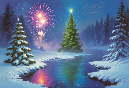 <lora:mgl_Soviet_New_Year_Postcards:0.9>, 100 spirits bottles, xenomorph,christmas tree,a river running through a forest, detailxl, soviet new year postcard, (s novym godom logo:1), winter, space, cosmic landscape, scifi, dusk, 
style of Peter Wileman, Alvaro Castagnet, jeremy mann, anders zorn, john harris, bob layzell, john berkey, shade of violet, there is no air to breathe, foggy and damp, lake, river, COLORFUL fireworks, fireworks, blue sky, christmas tree,ghost,river, forest,blue background,planet earth,fireworks,