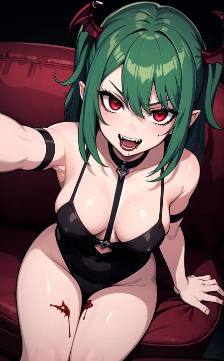 masterpiece, best quality, 1girl, from above, dark moody, vampire, green hair, (blood), fangs, couch,