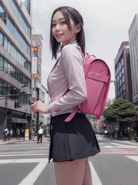 RAW photo, portrait, best quality, high res
a women with light smile is carrying randoseru backpack and wearing business jacket suits and business skirt in Marunouchi Tokyo district with a lot of sky high commercial buildings, view from side
<lora:randoseru_v1.3:1>
<lora:real_model_suppin:-0.8>