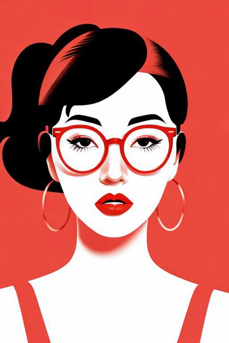 Solo focus, minimalism, simple colors, Illustration of a sexy spy from 1970, glasses. lipstick, simple red background, <lora:colorful_minimalist_illustration:1.1>