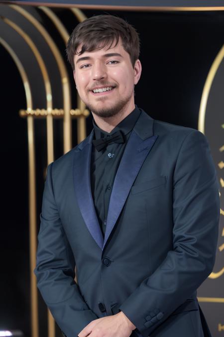 a man (in a stunning dark blue suit) at the oscars, (people in the background), smiling, [upper body], (close up:1.2), ((candid, amateur)), (raw, 8k, uhd, fujifilm xt3), <lora:mrBeast:1>