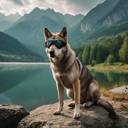 Blindfolded Czechoslovakian wolfdog, precision nose length 10 cm, crouched on outcrop, tranquil lake setting, intense forward gaze, towering mountain tops softly blurred, forest backdrop, gentle mist cloak, Soviet pop surrealism, mystical shades, deep saturated hues, expressive oversized eyes, glossy coat, striking features, high-contrast, retro pin-up aesthetics,
