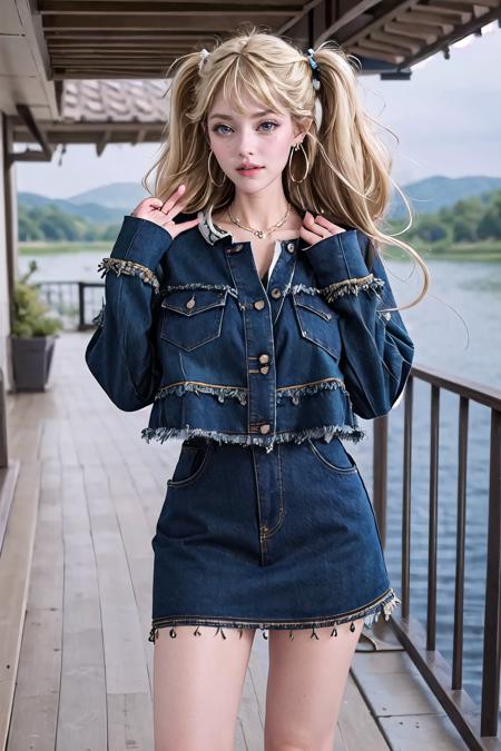 Common,denim jacket,jewelry,denim skirt,denim,earrings,blue jacket,blue skirt,sleeves past wrists,long sleeves,white shirt,necklace