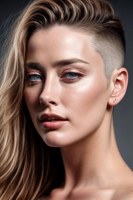 (CR-AmberHeard-aicelebart:0.85), full color portrait of woman, (oiled shiny skin:1.0), face close up, (undercut hair:1.1), nude, 
masterpiece, best quality, sharp focus, highres 8k uhd, ultra-detailed, rim light, deep grey background,