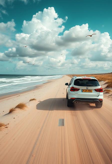 Car running on sandy beach, You can see the ocean, emphasizing the perspective, expanding the area near the distant area, waves, swaying grass and flying birds, shadows on the clouds, the car is positioned based on the golden ratio, movement, savannah wilds, arid prairie, detailed scenery, clouds, 
best quality, sharp focus, high contrast, colorful, ultra quality, 8k, best quality,