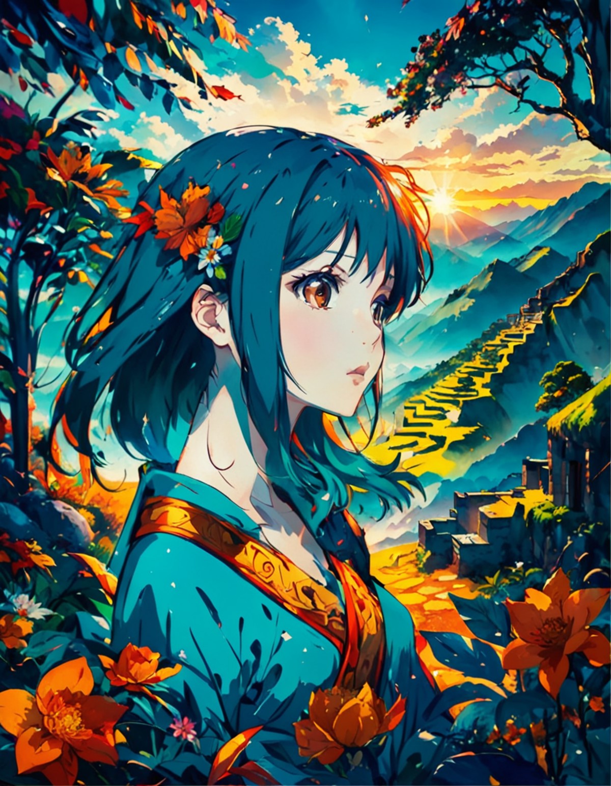 anime artwork Dark, Floral motifs, Peaceful, Kinemacolor, Frightening, Primary Colors, Plain white background, Goblincore,...