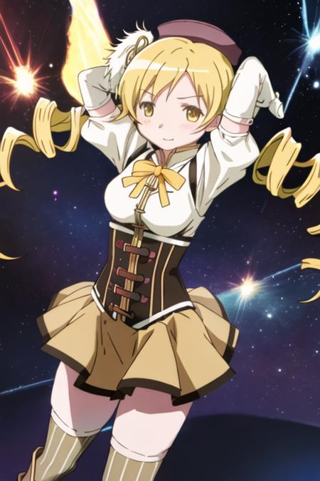 best quality, masterpiece, highres, solo, {tomoe_mami_puellamagimadokamagica:1.15}, blonde_hair, drill_hair, twin_drills, twintails, hair_ornament, yellow_eyes, magical_girl, 1girl, beret, corset, detached_sleeves, fingerless_gloves, gloves, hat, skirt, striped, thighhighs, boots, puffy_sleeves, striped_thighhighs, vertical-striped_thighhighs, vertical_stripes, zettai_ryouiki, pleated_skirt