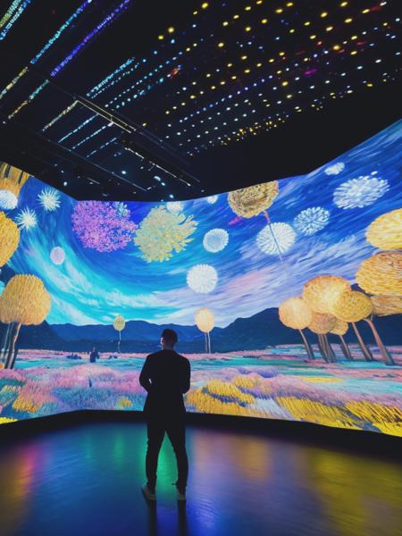 <lyco:teamLab:1.0> an immersive light projection art exhibition inside a studio, TeamLab Style, Van Gogh Immersive Experience style, Rattle That Lock David Gilmour style, projecting Hobab music video of Sirvan Khosravi in the immersive exhibition