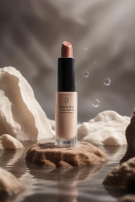 dark red lipstick, ,rock, water, reflect, no humans, depth of field, spotlight from above, black background, scenery, still life (Product Photography)  <lora:Product Photography:0.85>