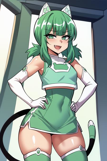 adchan, green hair, cat ears, low twintails white and green dress, elbow gloves, white gloves, green thighhighs, tail