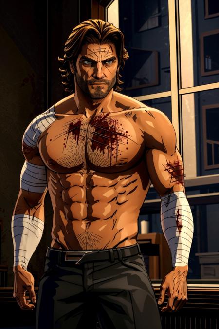 <lora:bigby-07a:0.6>, bigbyTWAS_soul3142, 1boy, bandages, facial hair, scar, blood, two-tone lighting