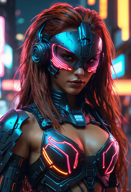 beautiful cyberpunk warrior, neon art, 4k, volumetric, cinematic, night street, eye level pov, closeup, (colorful long hair:1.05), elaborate and intricate, detail, perfect environment, chest armor, cyberarm, cyberlegs, headwear, mask, <lora:SDXL\MJ52.safetensors:0.8>, <lora:SDXL\ral-ledlights-sdxl.safetensors:1.0>, ral-ledlights