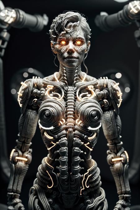 professional 3d model of a cyborg, body made of white and silver parts, led lights, circuits, octane render, highly detailed, volumetric, dramatic lighting, visible organs, visible bones , zwuul <lora:ral-zwuul-sd15:1>