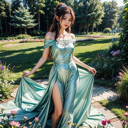 She stood amidst a bed of wildflowers, a vision of beauty and grace. Her graceful figure was draped in emerald silk, and her hair gleamed with a silver headband. Her eyes were pools of the purest sapphire, and her skin was like porcelain. Delicate pointed ears shone in the light, and her smile was a miracle, a memory that could not be forgotten. <lora:add_detail:1>