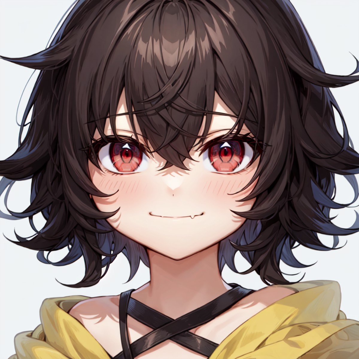 best quality, masterpiece, 1girl, black hair, short hair, red eyes, messy hair, skin fang, close-up, closed mouth, happy