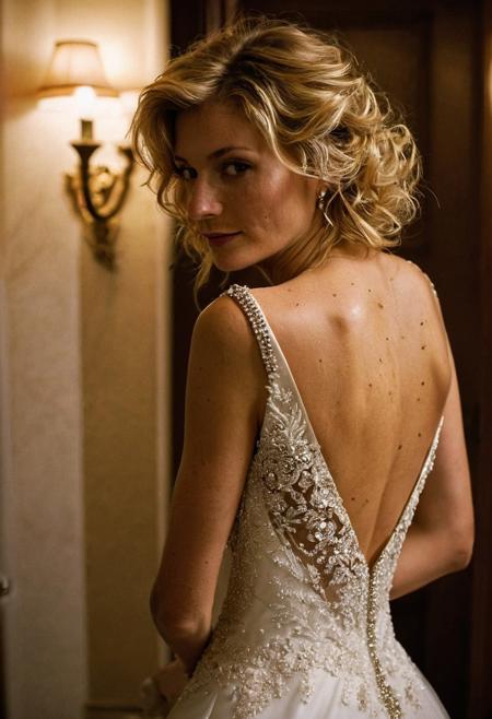 Stunning 35mm photo of a 42 years old Dutch woman, ((an breathtaking wedding dress)), back to camera, slowly undressing, striptease, very pretty, fit, skinny, highly detailed face, highly detailed skin, freckles, many freckles on arms and tits, freckles and moles all over body, natural breasts, perfect breasts, hard nipples, Rounded ass, blonde hair, pubic hair, short hair, messy hair, medium hair, brown eyes, highly detailed skin, highly detailed face, in love, happy, detailed pupils, in a very fancy hotel room, after the wedding, tired but laughing, in doorway of bathroom, seducing, slightly drunk, dark, night, low lights, soft natural light, Rembrandt style light, made with a Hasselblad camera, 35mm, film grain, masterpiece, sharp focus, shot on Kodak, lens flare, cinematic, (ultra high res: 1.2), (photo-realistic: 1.3) (skin pores: 1.1)
